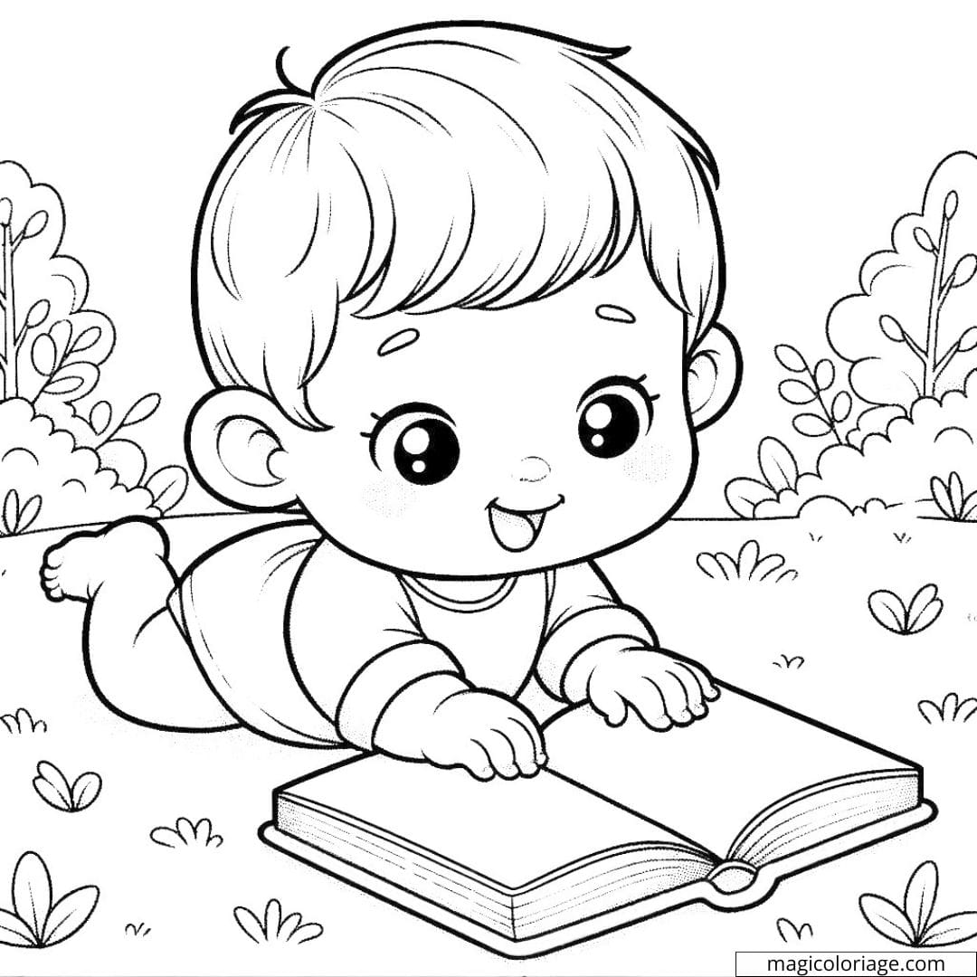 Coloriage d'un bébé garçon découvrant un livre