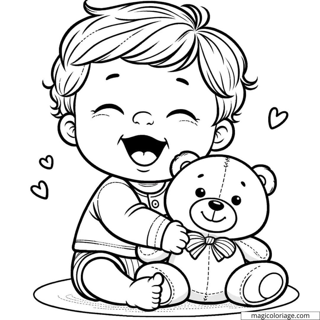 Coloriage d'un bébé garçon avec un ours en peluche