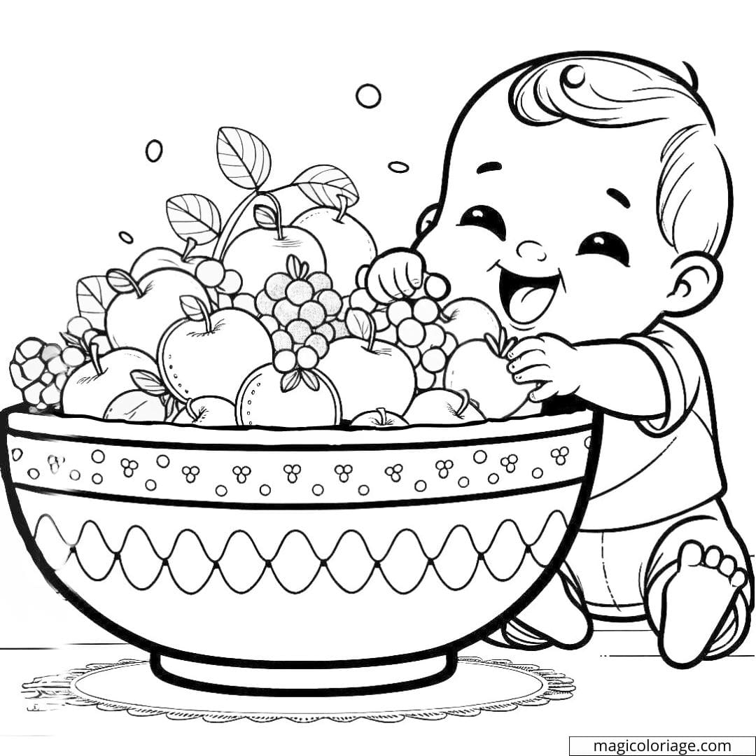 Coloriage d'un bébé avec un bol de fruits