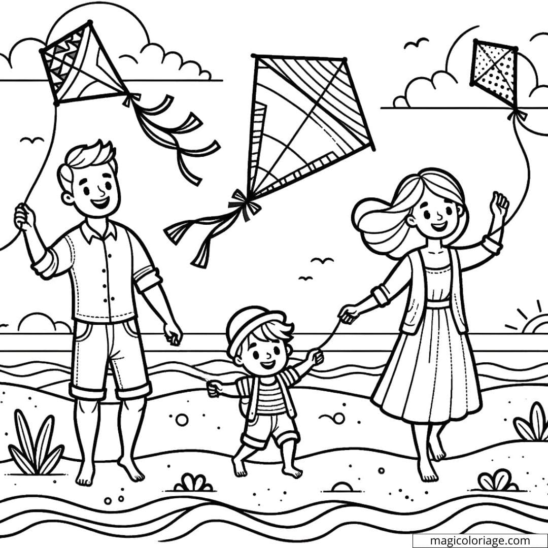Coloriage d'une famille avec des cerfs-volants sur la plage