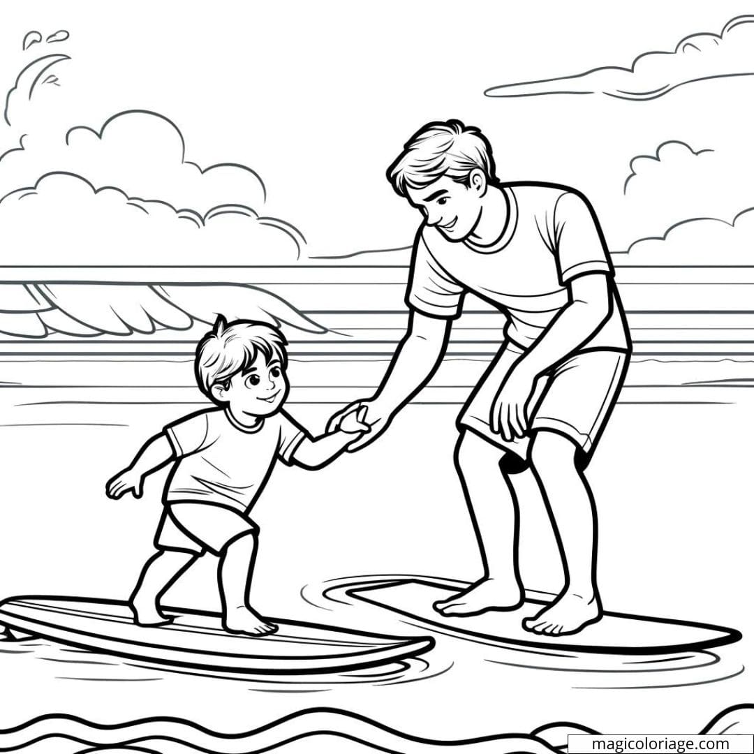 Coloriage d'un garçon apprenant à faire du surf avec un instructeur