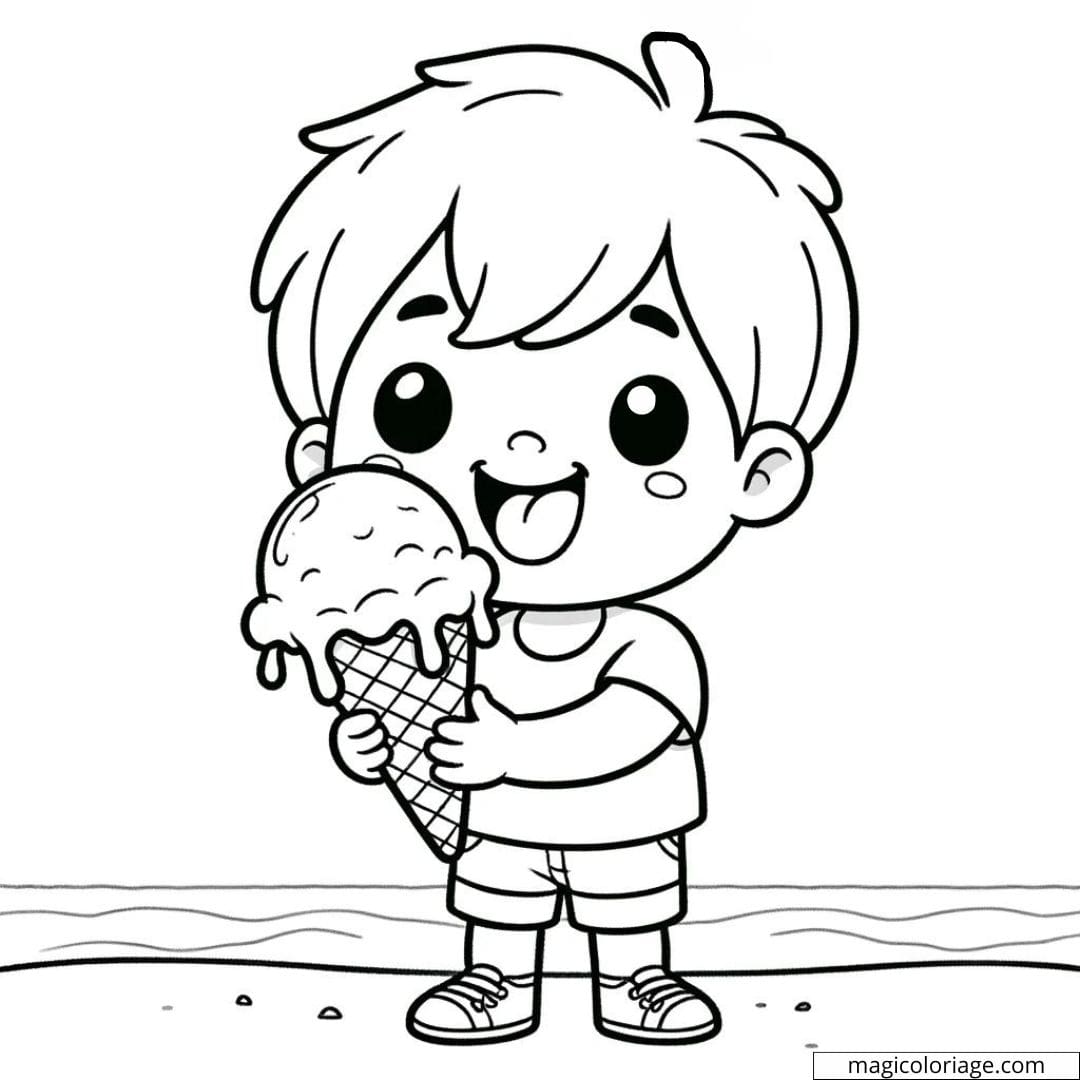 Coloriage d'un petit garçon mangeant une glace par une journée chaude