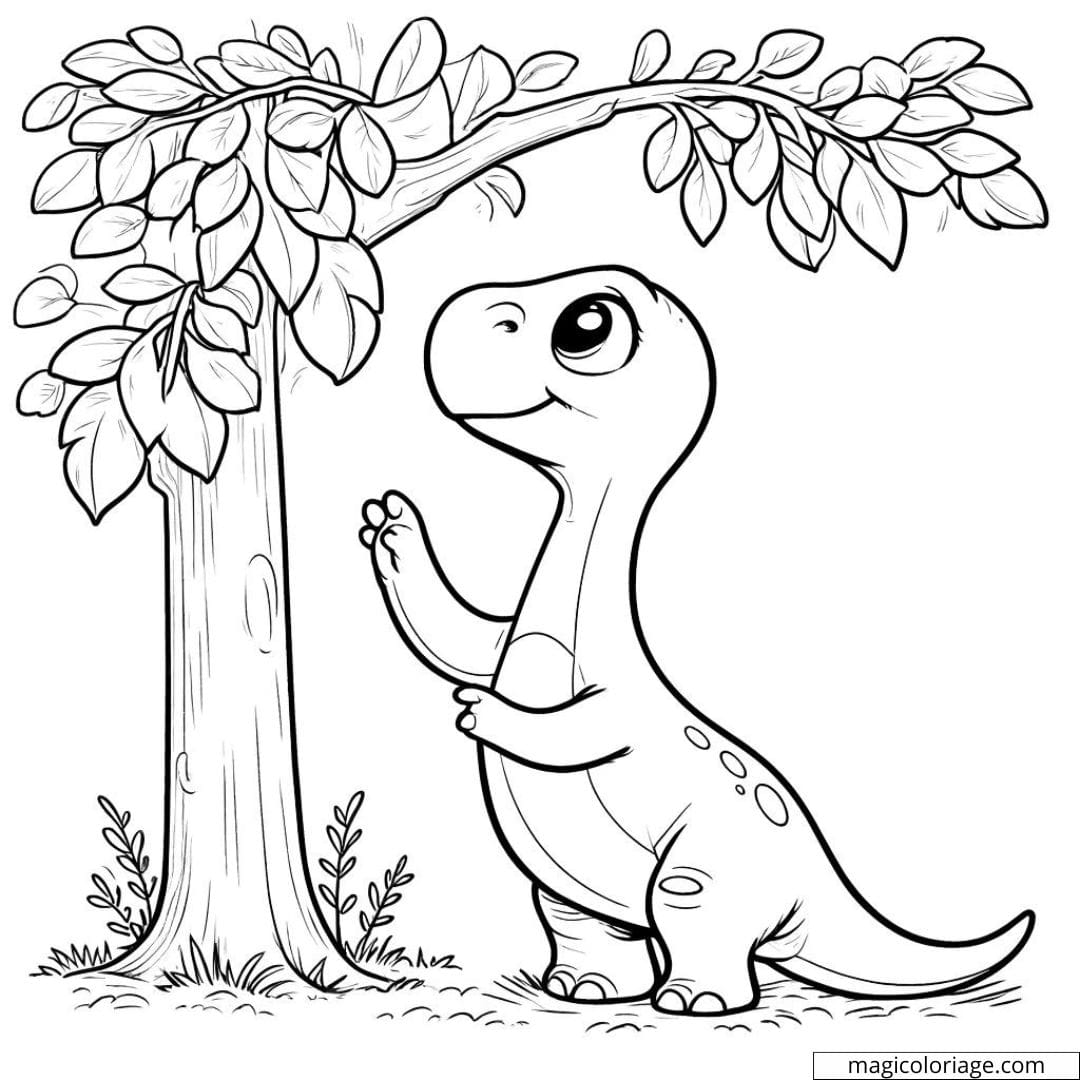 Brachiosaure atteignant des feuilles hautes, dessin à colorier