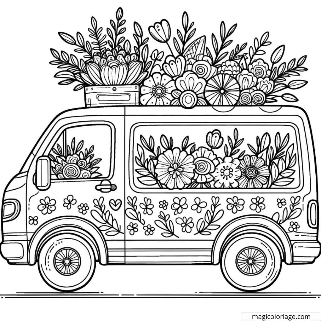 Camionnette avec des fleurs à colorier