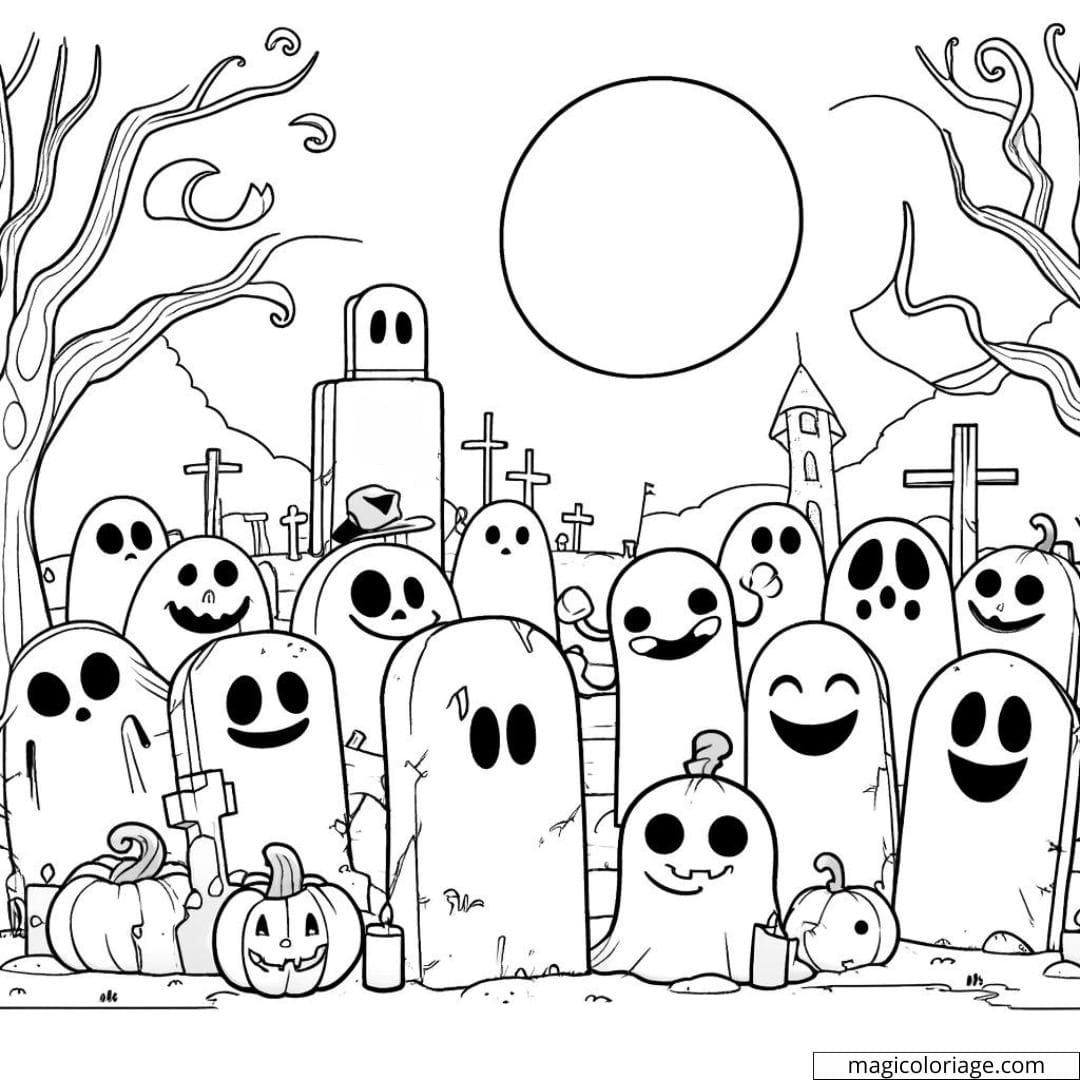 Halloween coloring page of cemetery with tombstones for kindergarten