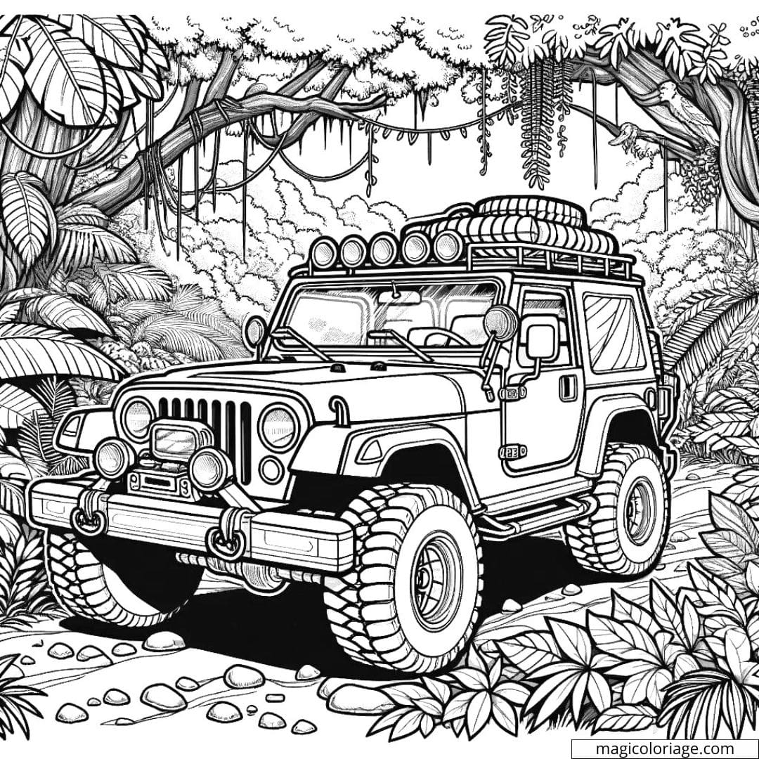 Jeep d'exploration dans la jungle à colorier