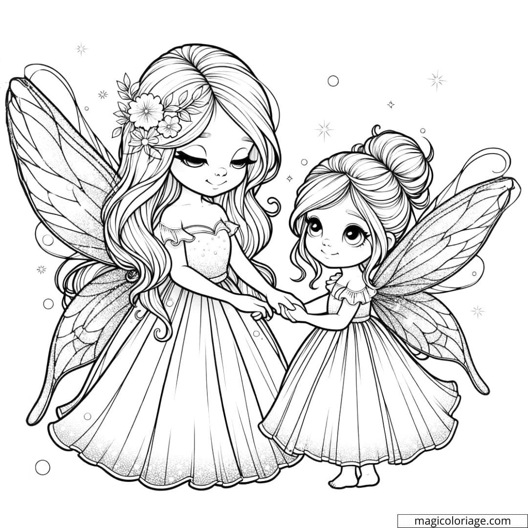 Maman fée et enfant fée avec des ailes pétillantes en dessin.