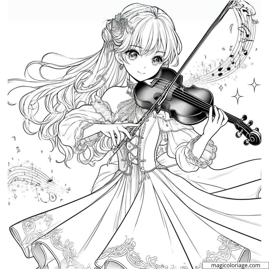 Page de coloriage de fille manga jouant du violon enchanté.