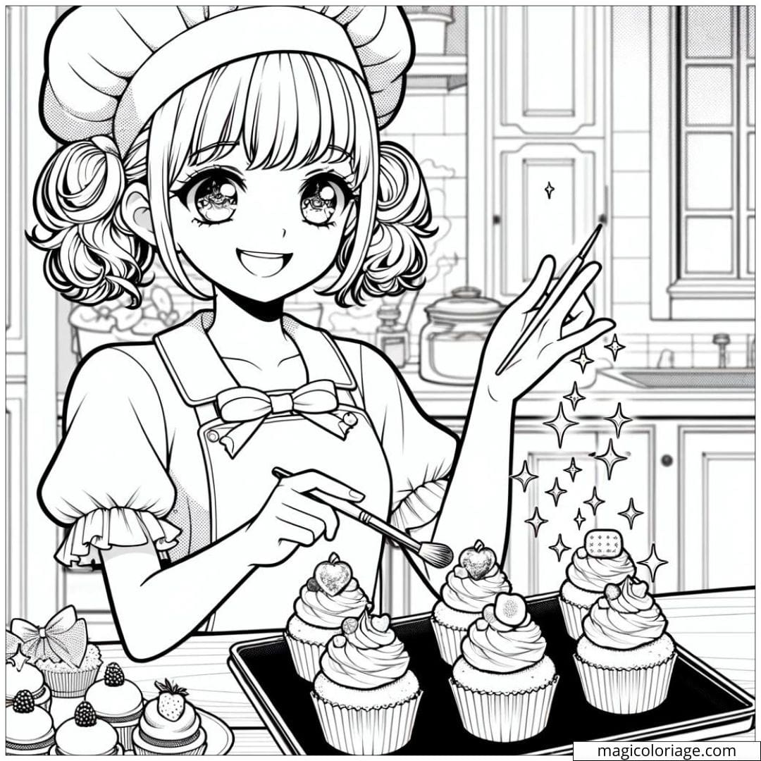 Page de coloriage de fille manga pâtissière avec cupcakes magiques.