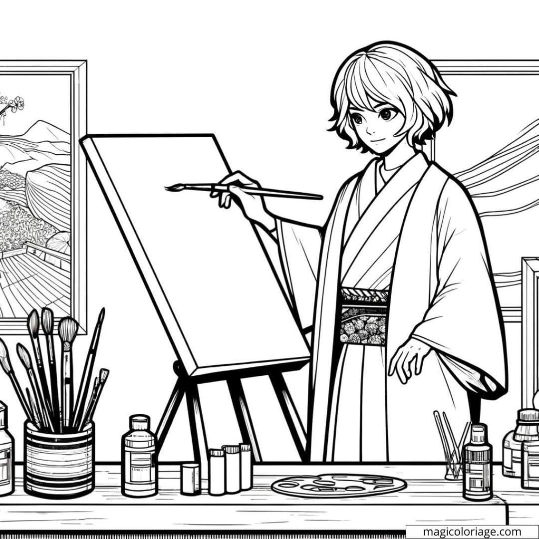 Manga fille peintre à colorier.
