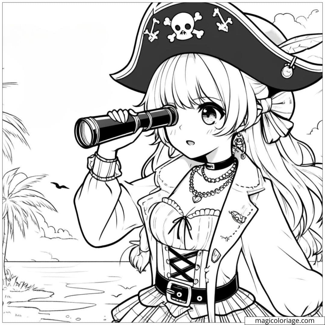 Page de coloriage de fille manga pirate à la recherche du trésor.