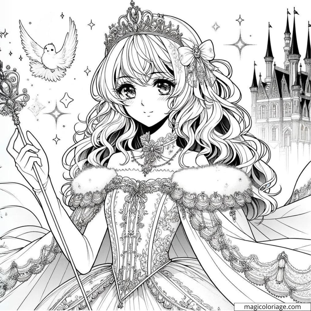 Page de coloriage de fille manga princesse d'un royaume perdu.