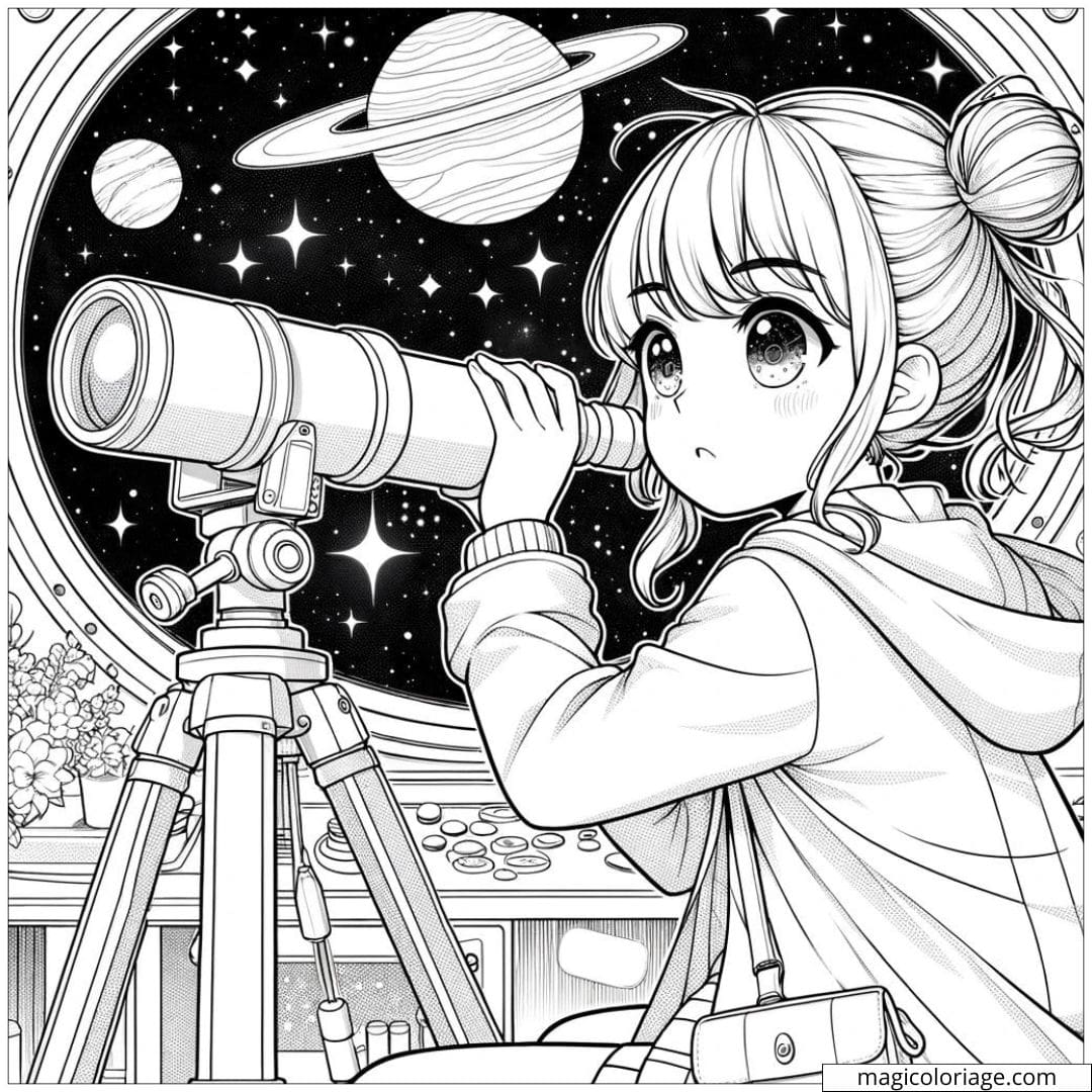 Manga fille découvrant des planètes à colorier.
