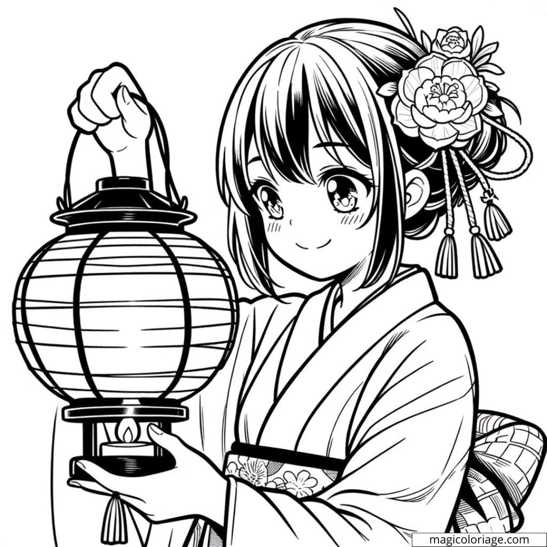 Page de coloriage de fille manga au festival des lanternes.