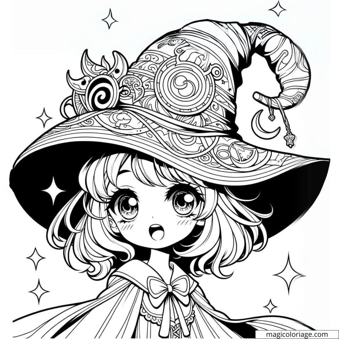 Page de coloriage de fille manga avec un grand chapeau magique