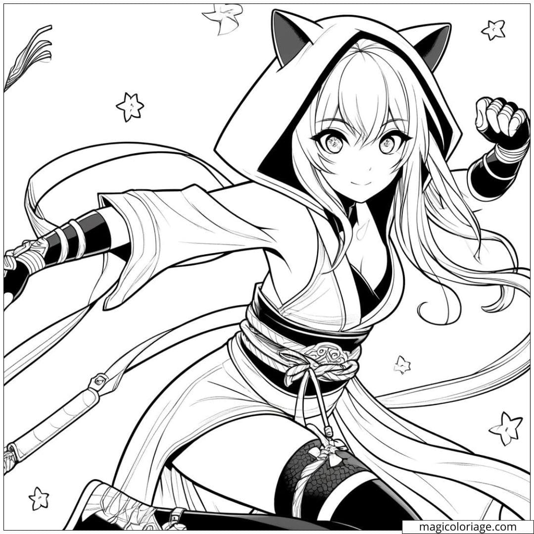 Manga fille en costume de ninja à colorier.