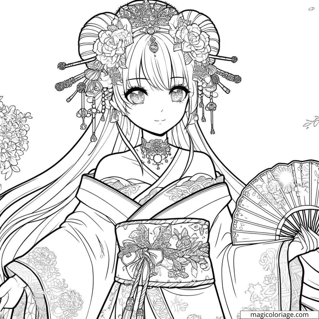 Manga fille en tenue traditionnelle à colorier.