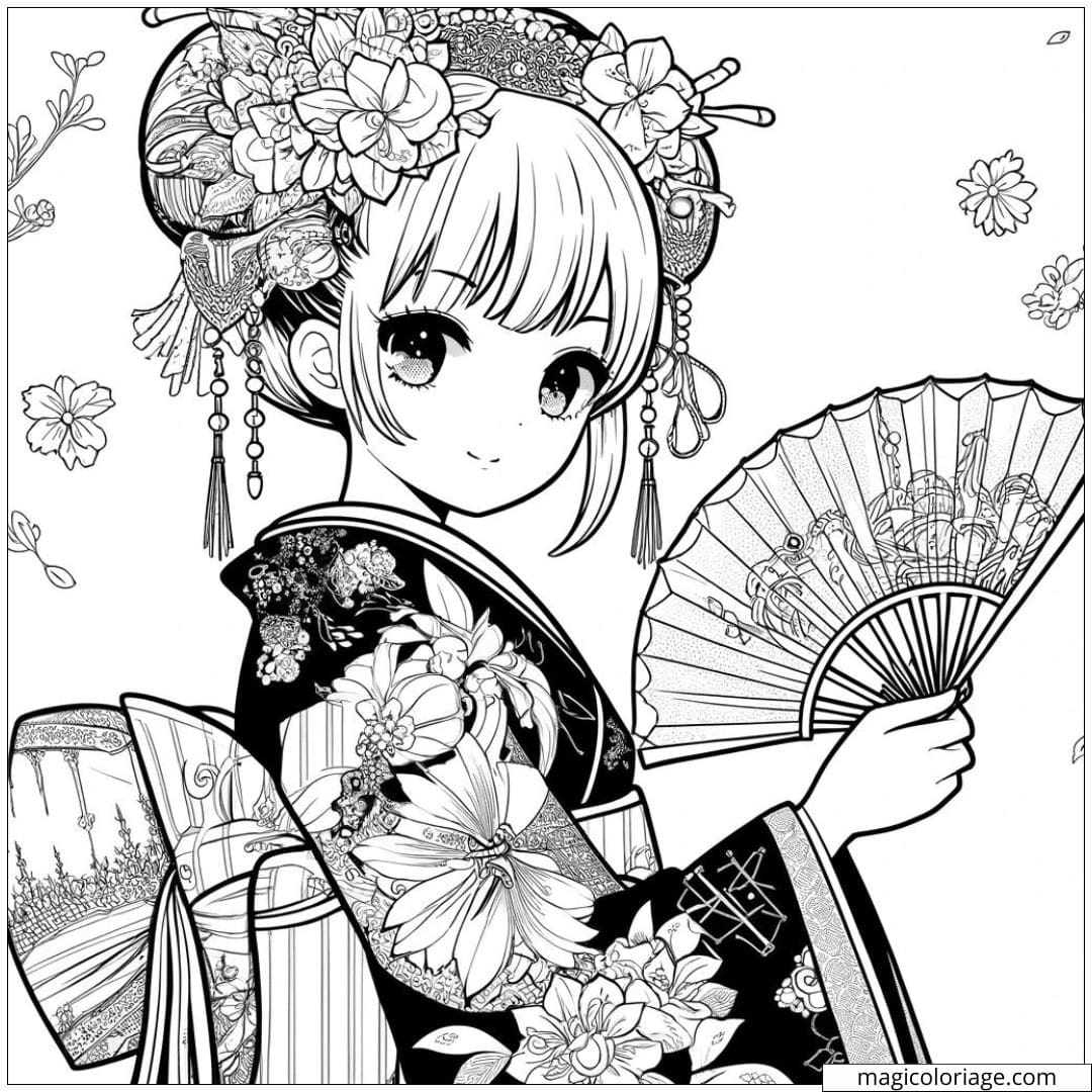 Page de coloriage de fille manga en kimono avec un éventail
