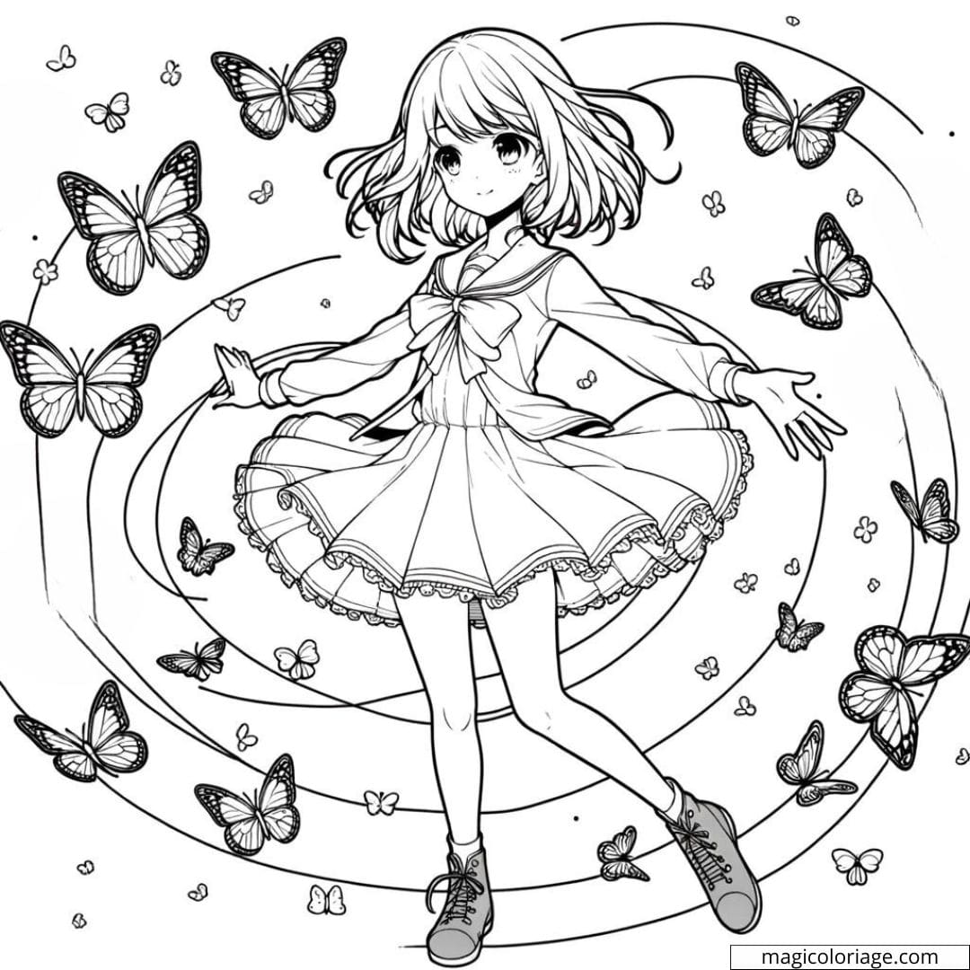 Manga fille et papillons à colorier.