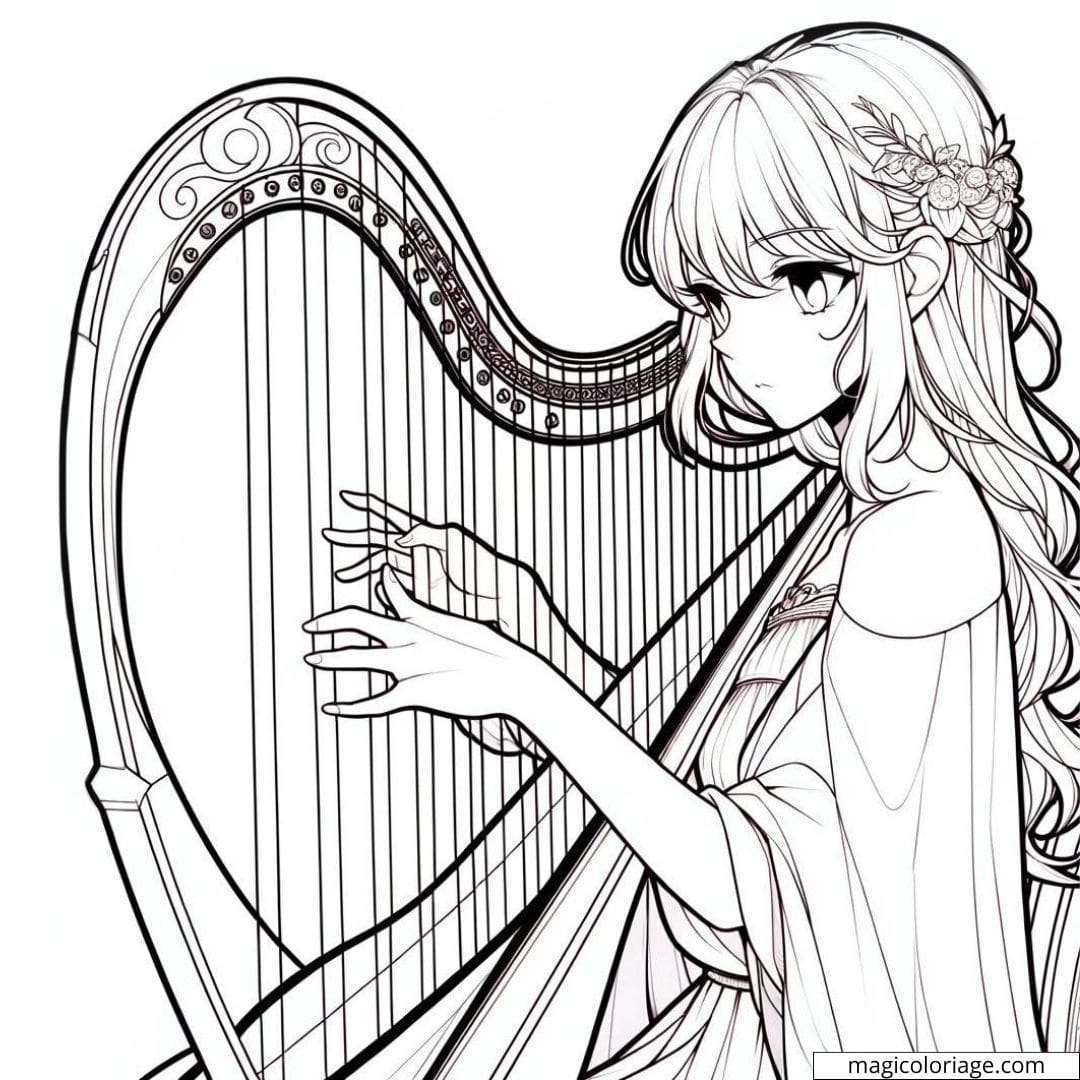 Manga fille jouant de la harpe à colorier.