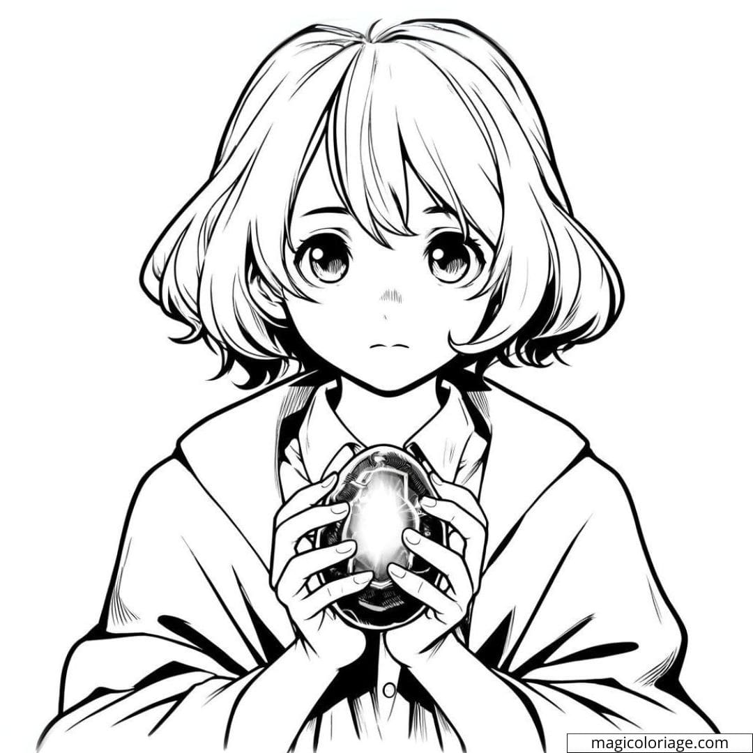 Page de coloriage de fille manga avec la pierre philosophale.