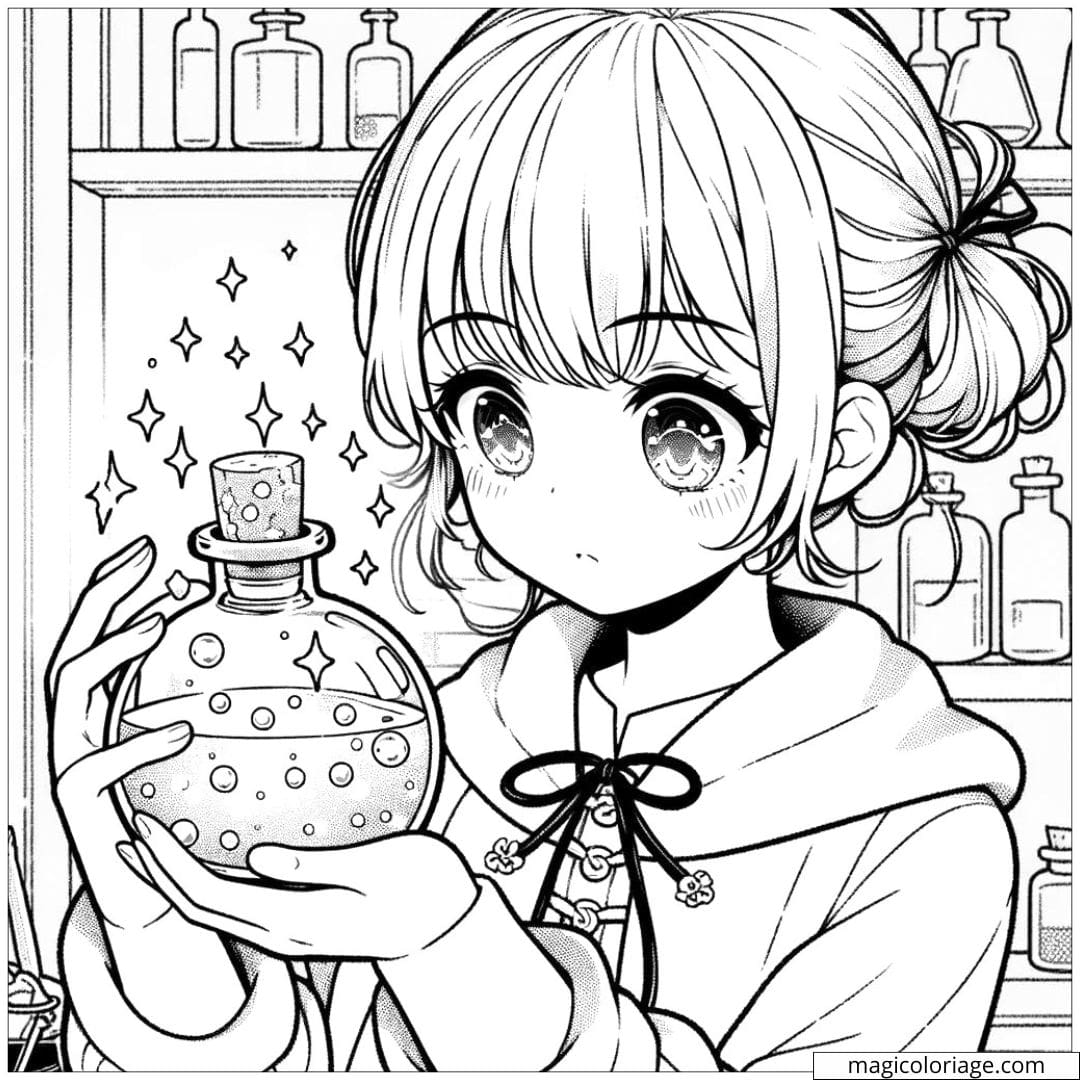 Page de coloriage de fille manga tenant une potion magique