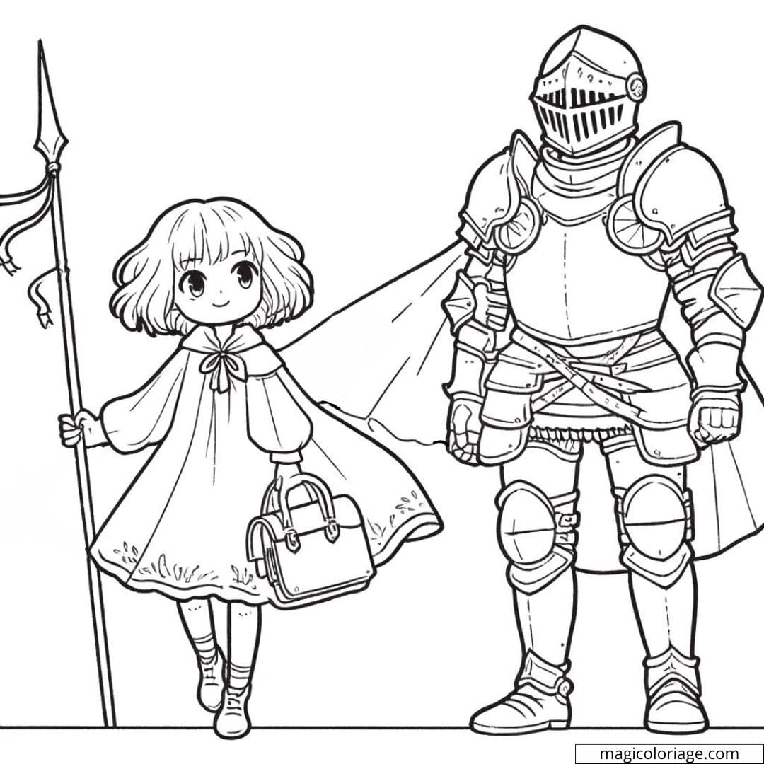 Manga fille et chevalier à colorier.