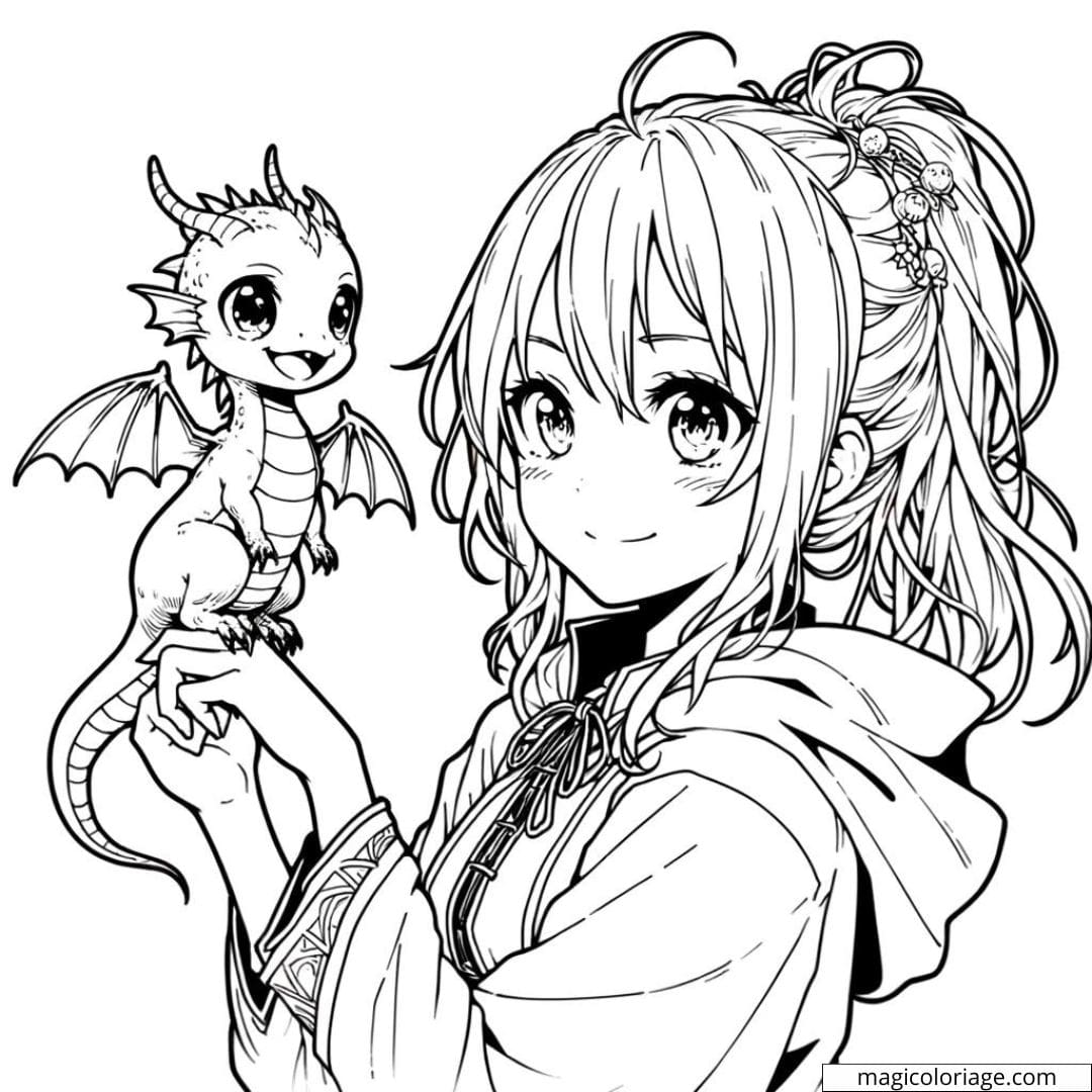 Page de coloriage de fille manga avec un dragon miniature sur l'épaule