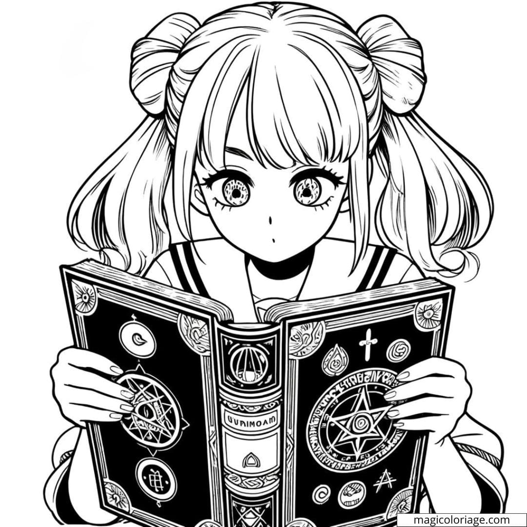 Page de coloriage de fille manga avec un livre de sorts anciens.
