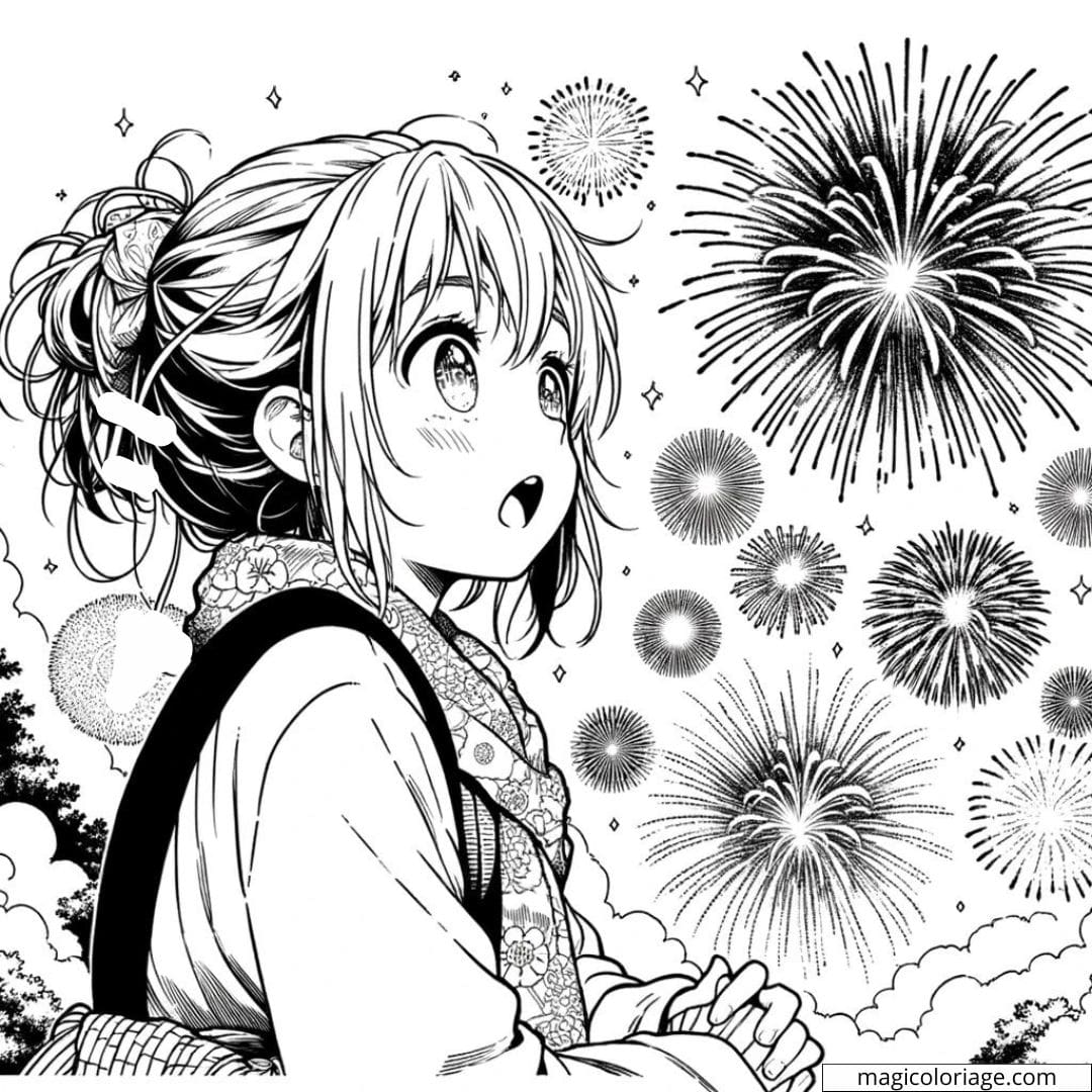 Page de coloriage de fille manga regardant des feux d'artifice magiques.