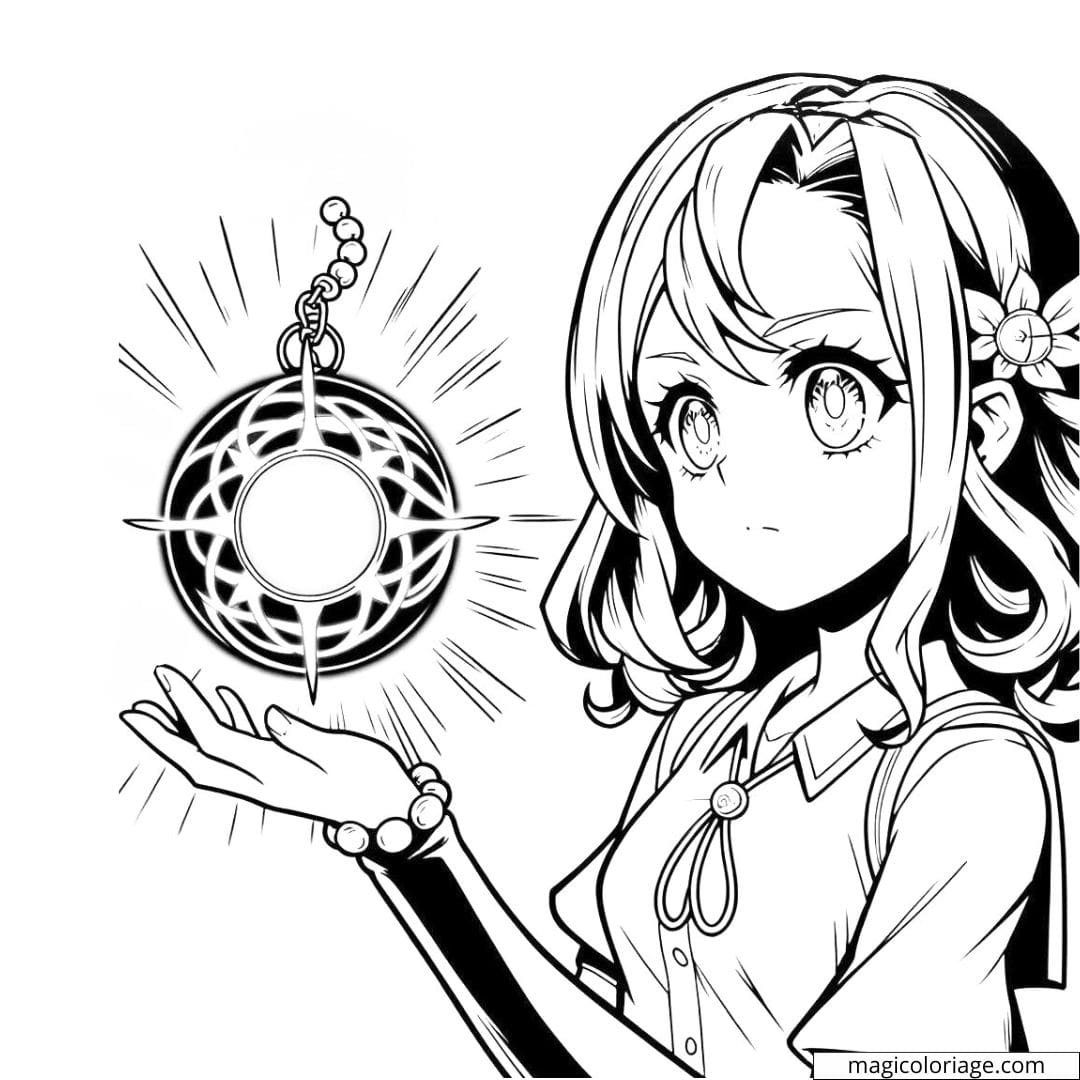 Page de coloriage de fille manga avec une amulette de pouvoir.