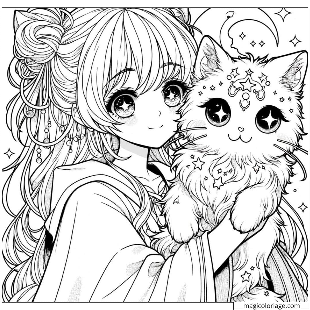 Page de coloriage de fille manga tenant un chat mystique