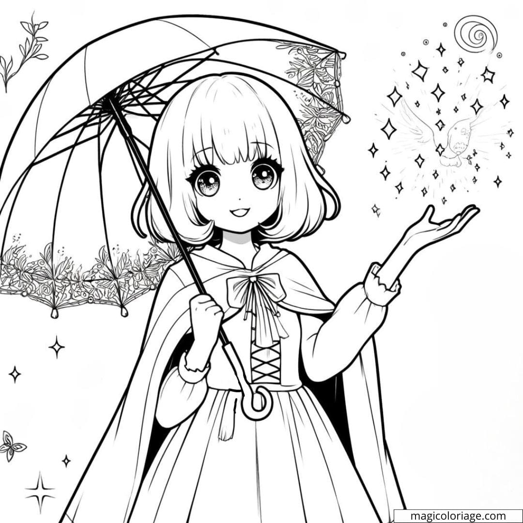 Manga fille avec parapluie à colorier.