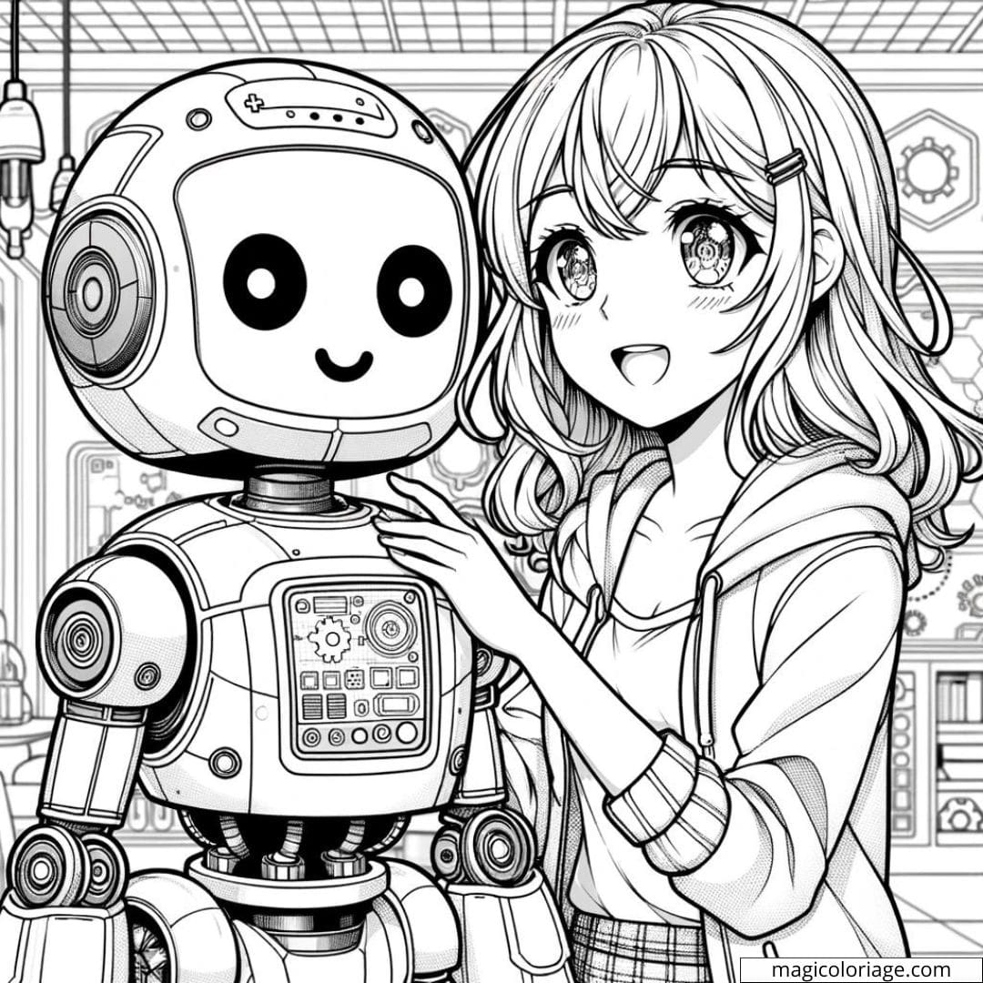 Coloring page of manga girl with her robot companion.
