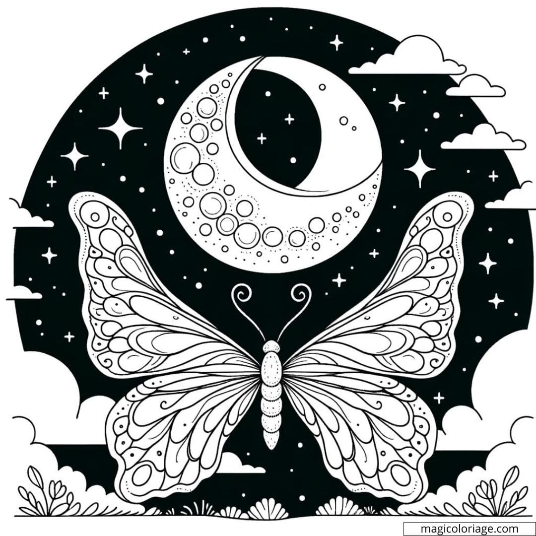Papillon nocturne sous la lune à colorier.