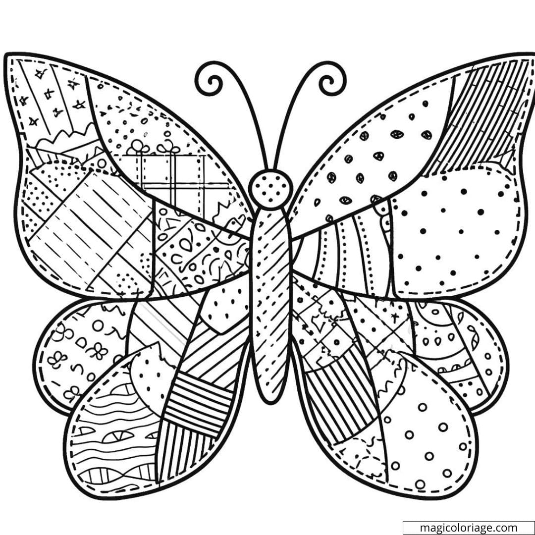 Papillon aux ailes patchwork à colorier.
