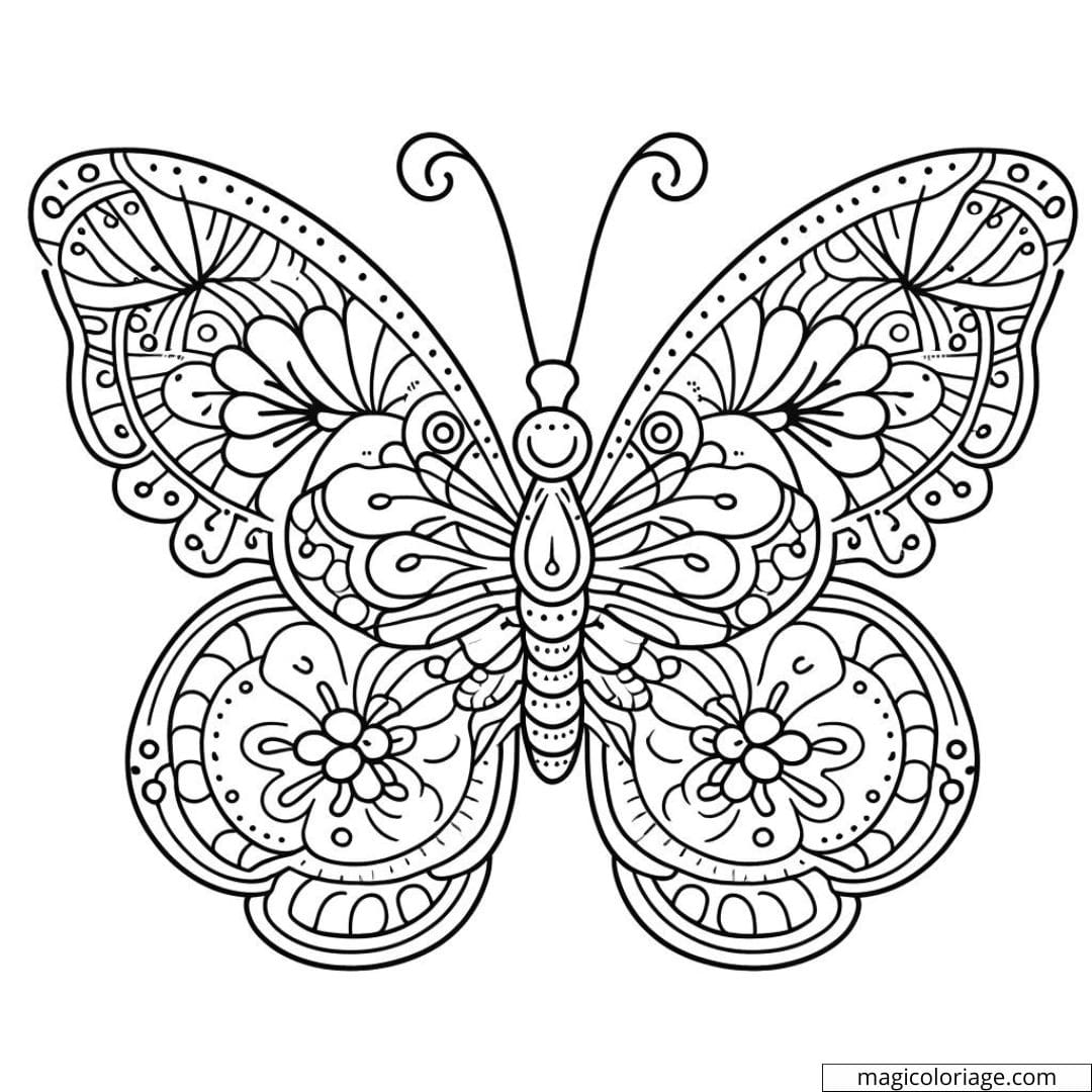 Un dessin à colorier représentant un papillon avec des motifs floraux sur les ailes.