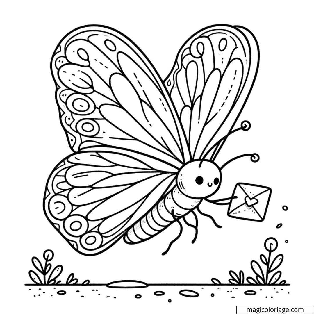 Papillon transportant une lettre à colorier.