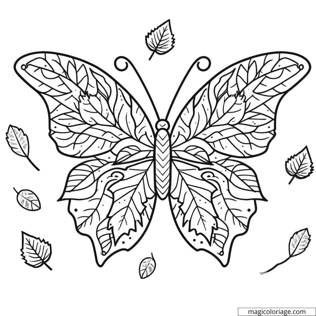 Papillon avec ailes en feuilles d'automne à colorier.