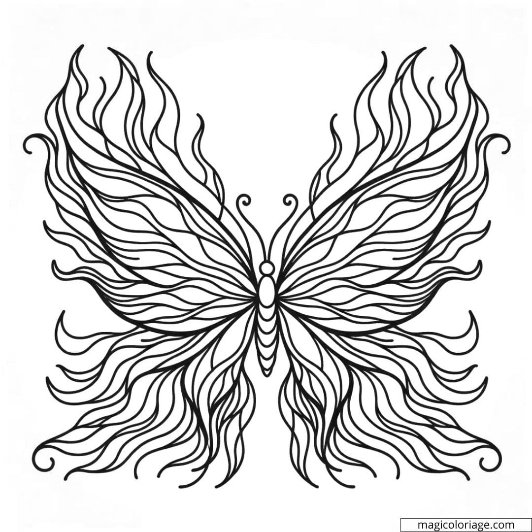 Papillon avec ailes en flammes à colorier.