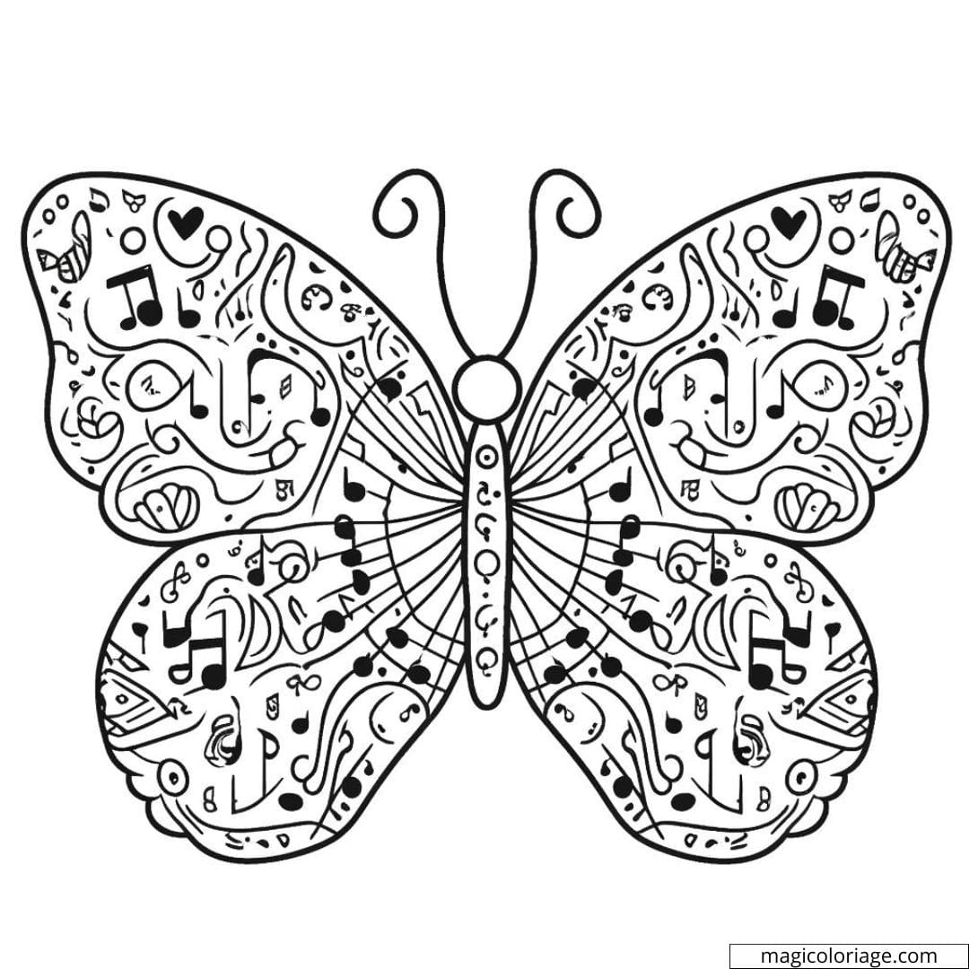 Papillon avec motifs de notes musicales à colorier.