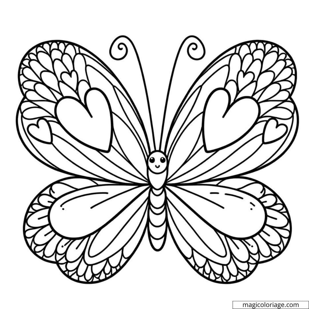 Papillon avec ailes en forme de cœur à colorier.