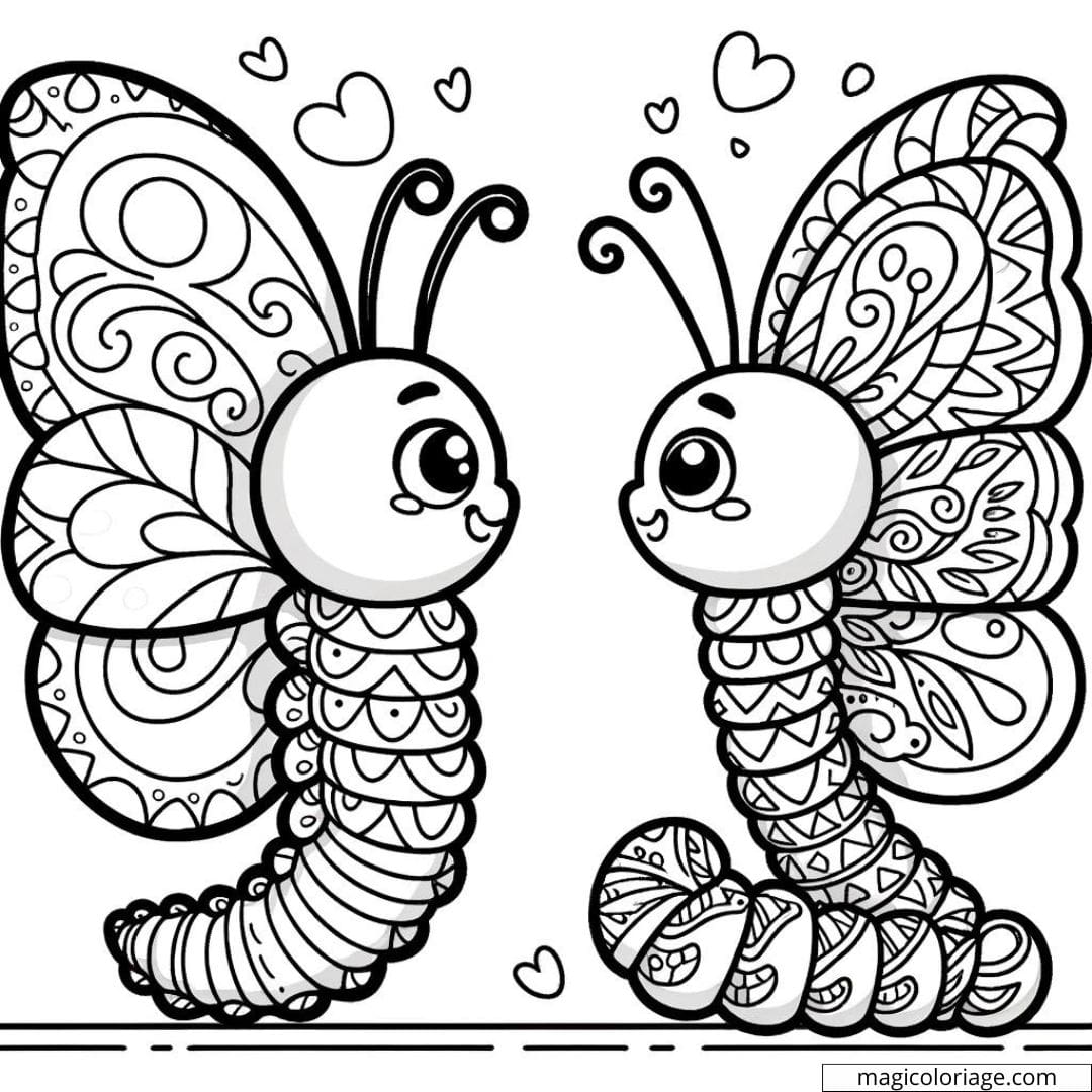 Papillon et chenille comparant motifs à colorier.