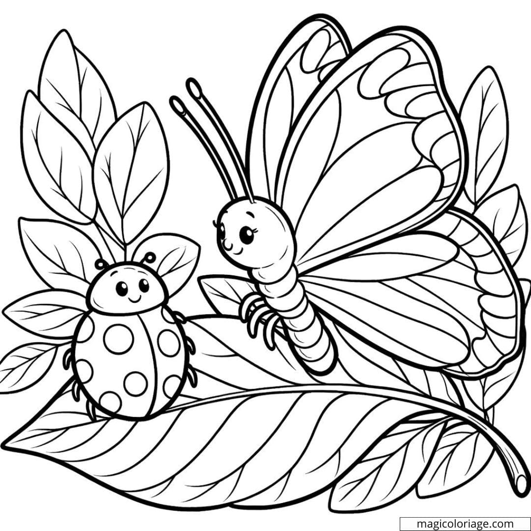 Papillon et coccinelle sur une feuille à colorier.