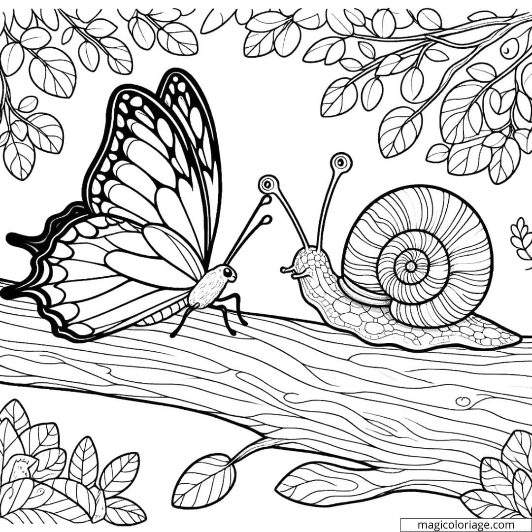 Une rencontre tranquille entre un papillon et un escargot sur une branche.