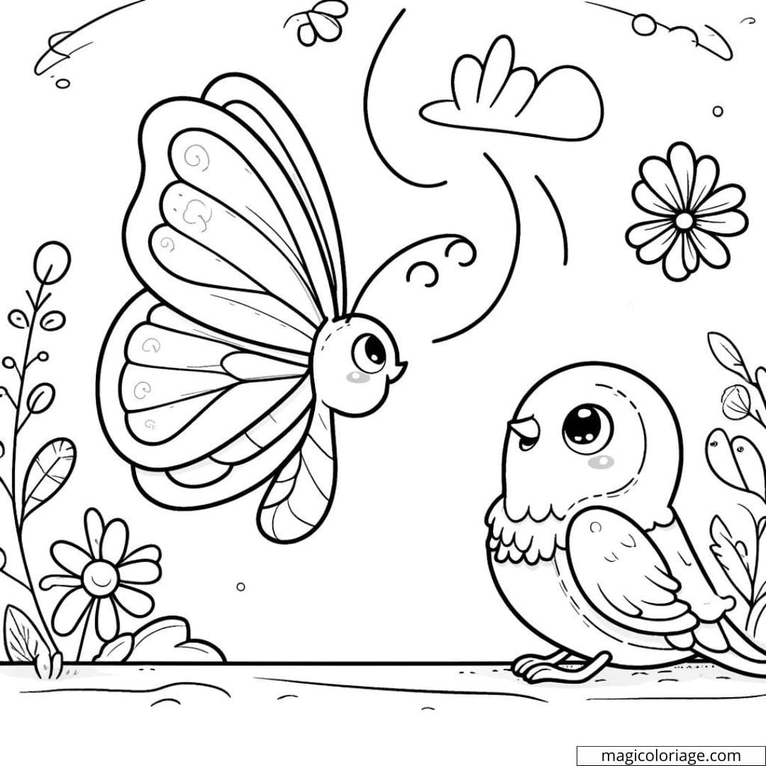 Papillon et petit oiseau à colorier.
