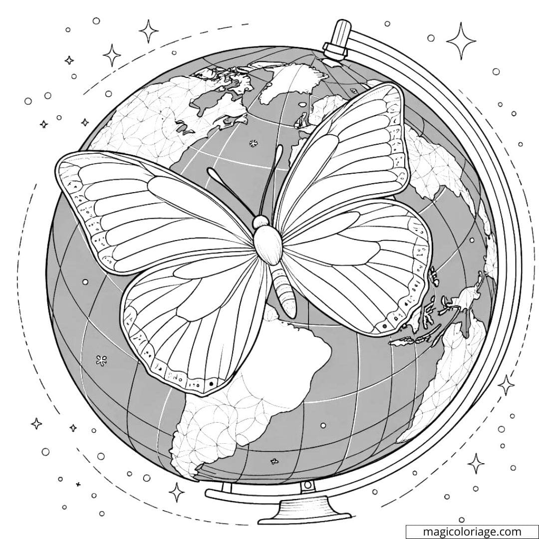 Papillon sur globe terrestre à colorier.