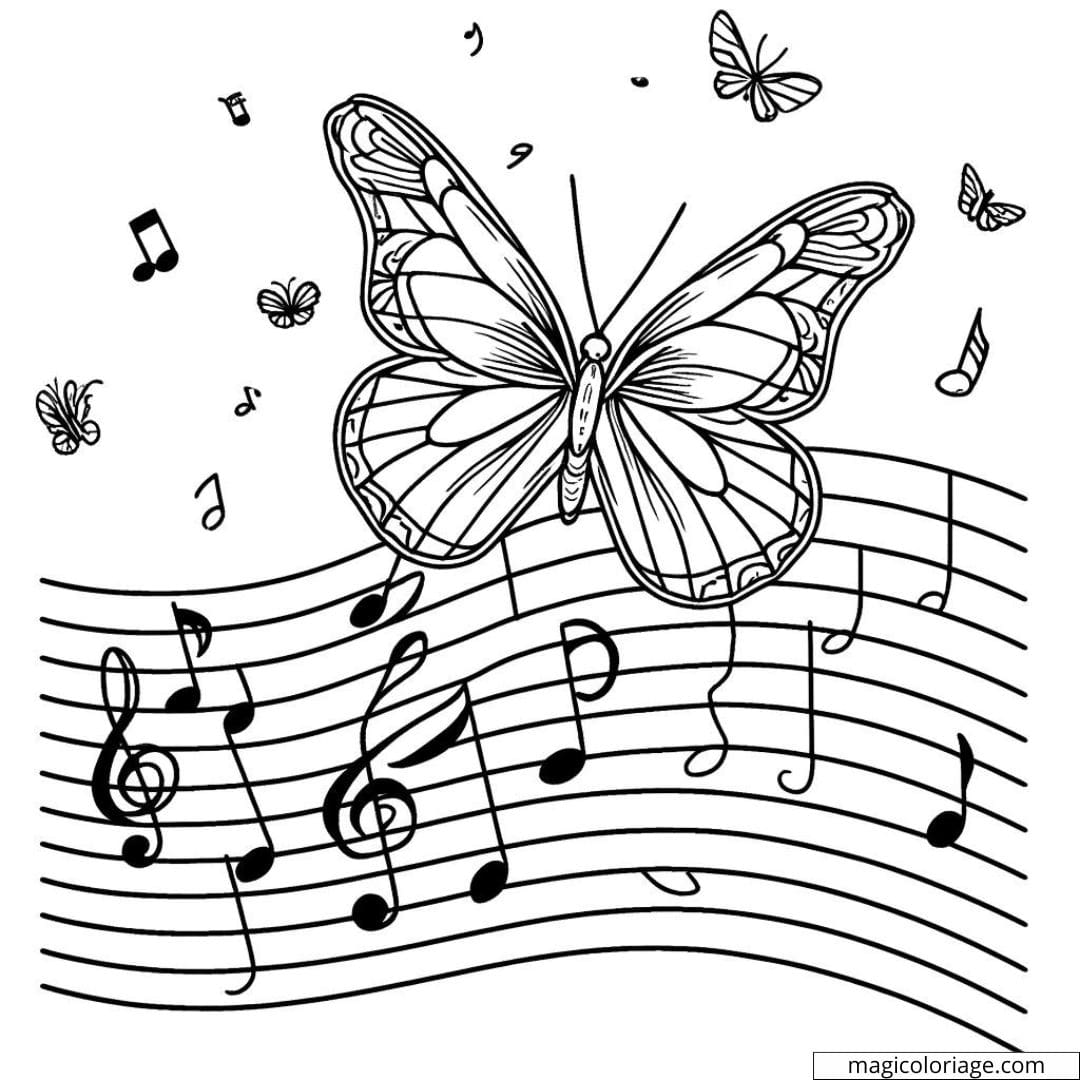 Papillon sur partition de musique à colorier.