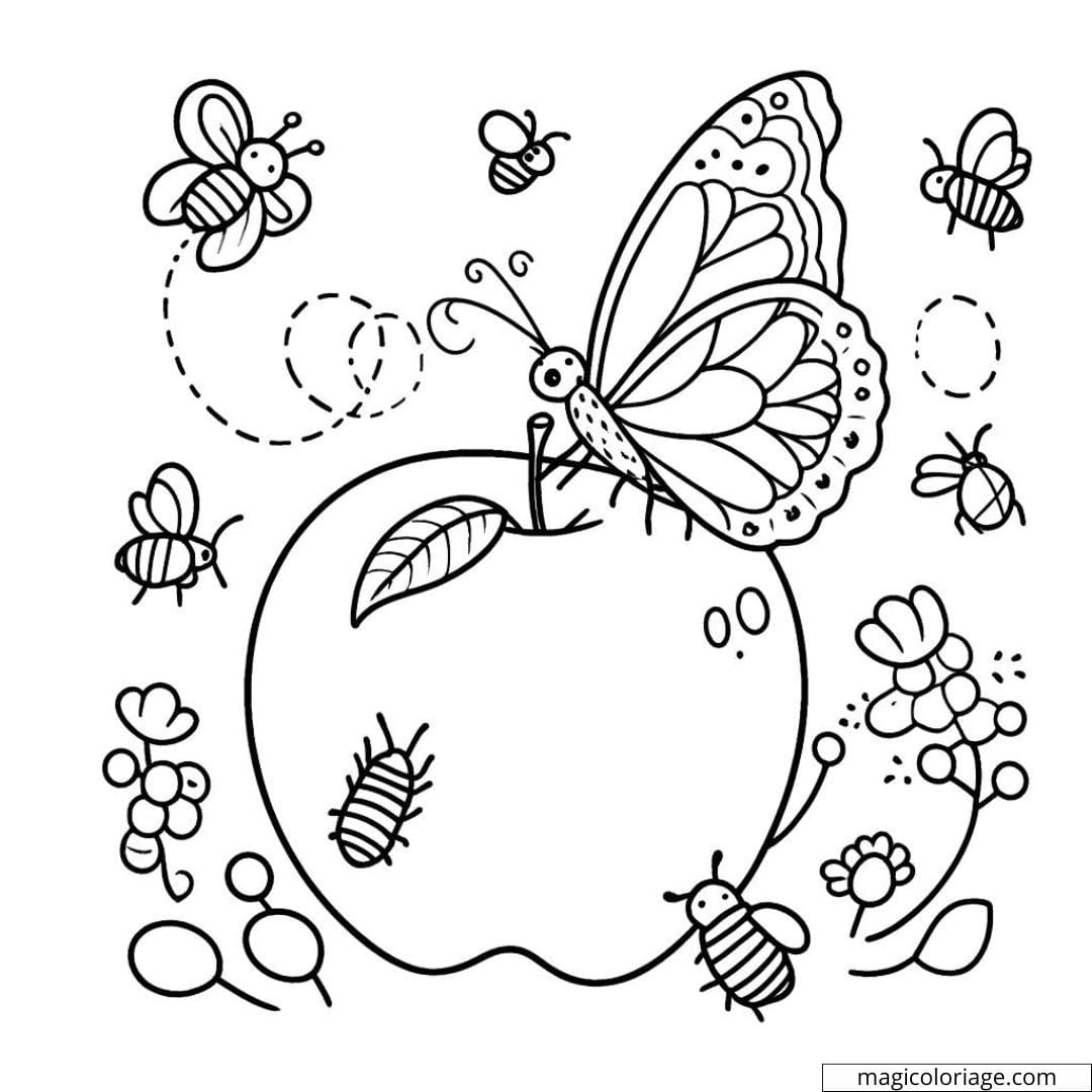Papillon sur pomme avec abeilles à colorier.