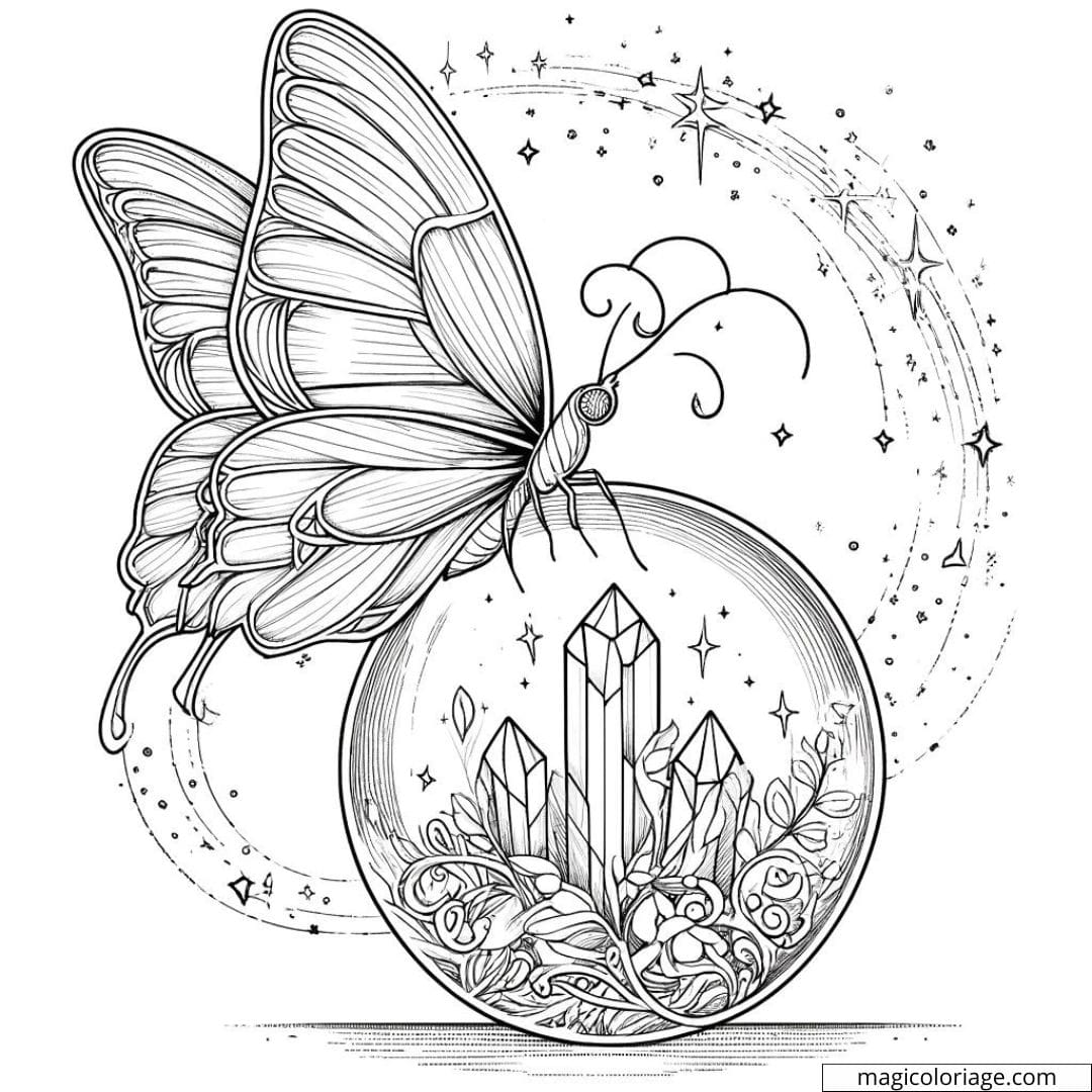 Papillon sur sphère de cristal à colorier.